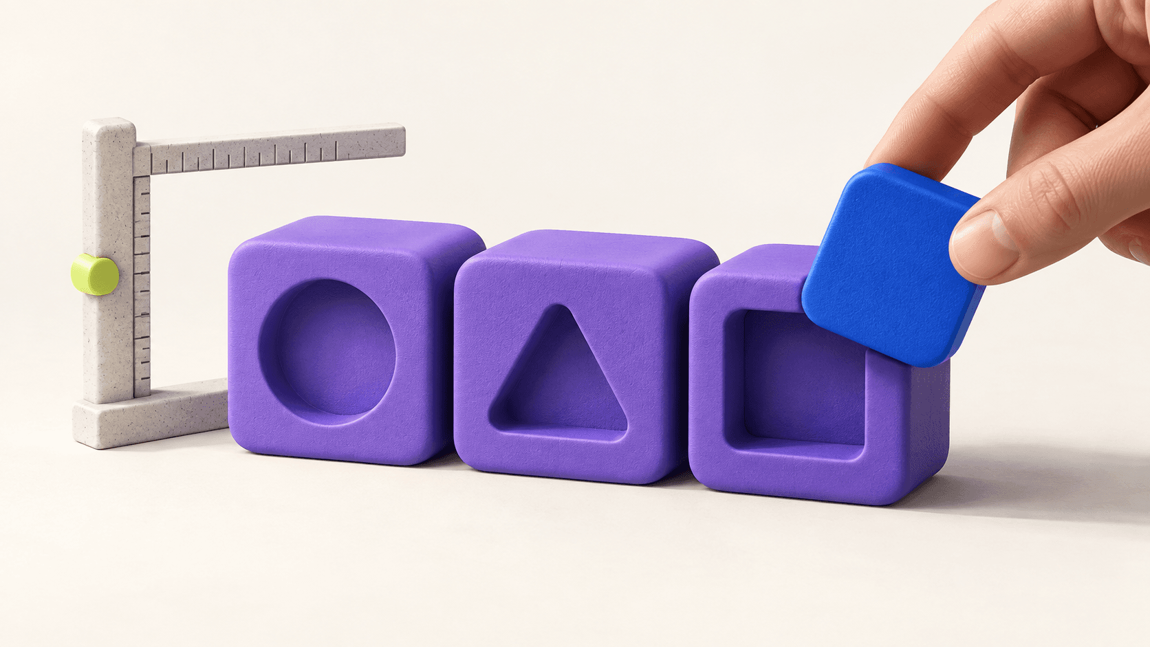 A hand positions a blue block beside a measuring frame and shaped violet modules.